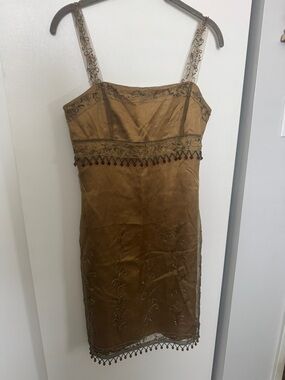 Sue Wong Bronze Silk-Embroidered Mini Dress